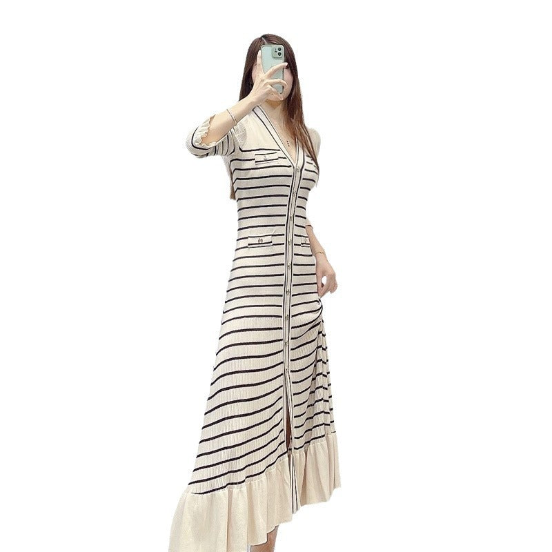Early Spring New French Small Fragrance Stripe Contrast V-neck Ruffle Edge Slim Fit Knitted Long Dress