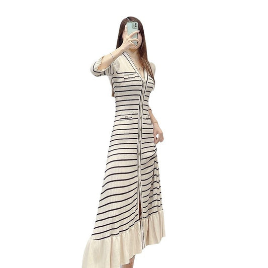 Early Spring New French Small Fragrance Stripe Contrast V-neck Ruffle Edge Slim Fit Knitted Long Dress