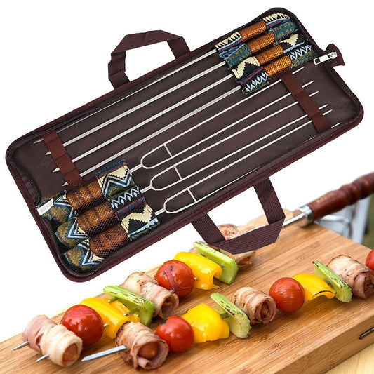 Korean Outdoor BBQ Barbecue Needle Barbecue Fork Barbecue Stick Portable Stainless Steel U-shaped Wood Handle Picnic 7-piece Set