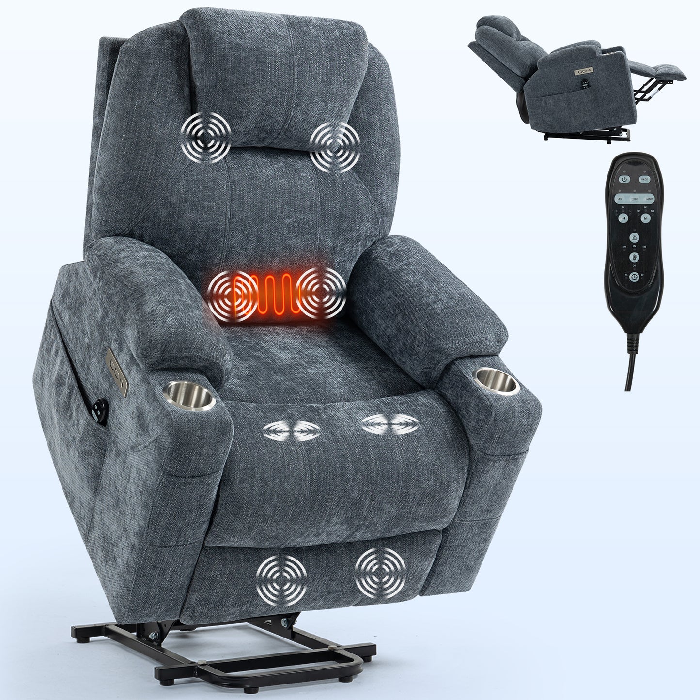 Okin motor Up to 350 LBS Chenille Power Lift Recliner Chair Blue