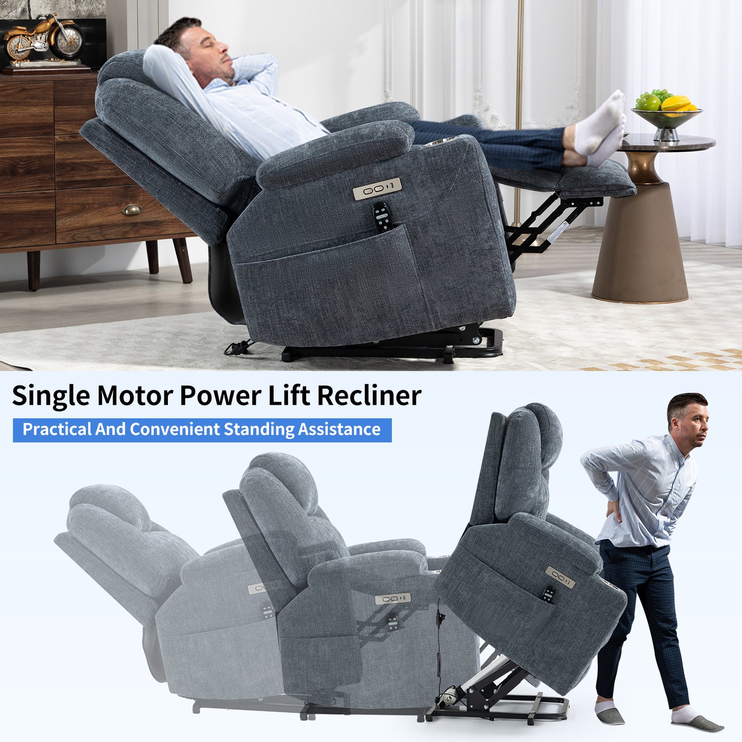 Okin motor Up to 350 LBS Chenille Power Lift Recliner Chair Blue