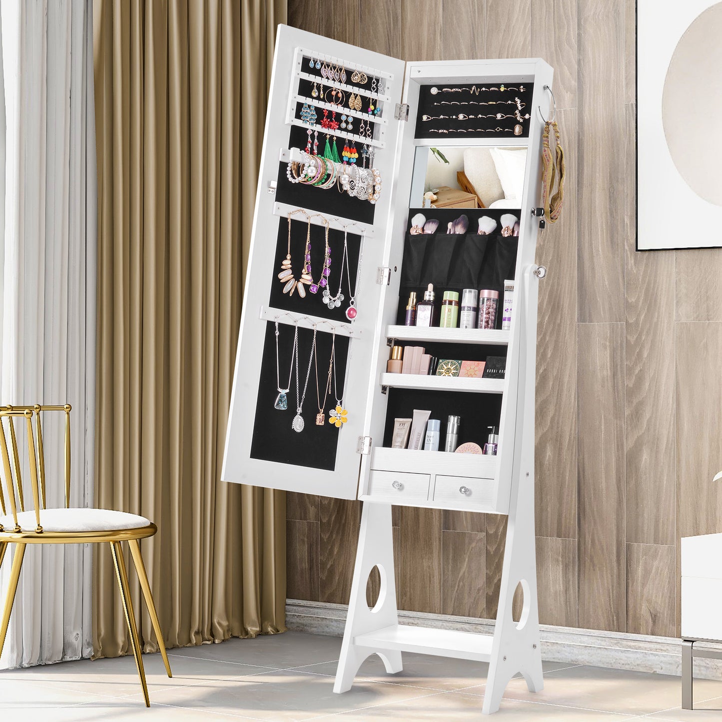Fashion Simple Jewelry Storage Mirror Cabinet With LED Lights For Living Room Or Bedroom