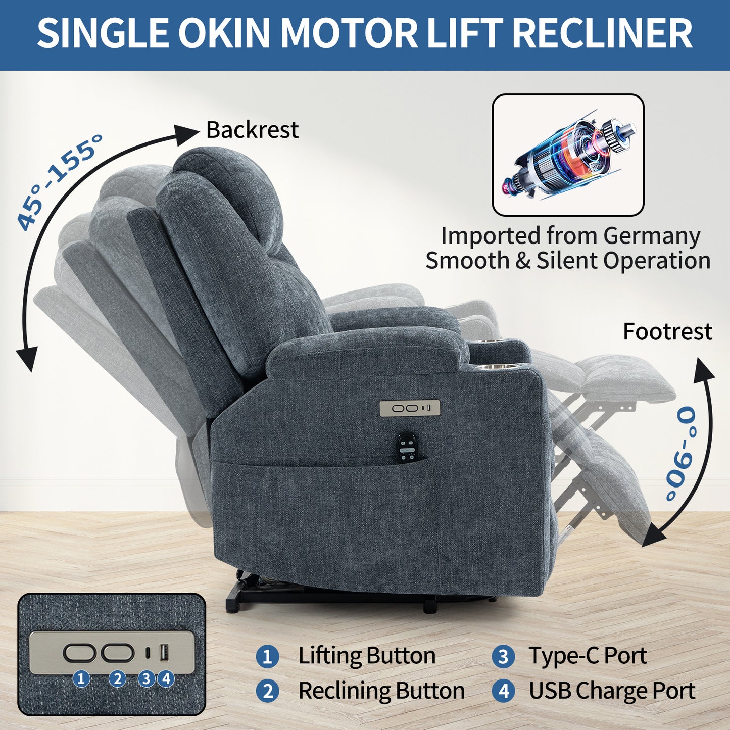 Okin motor Up to 350 LBS Chenille Power Lift Recliner Chair Blue