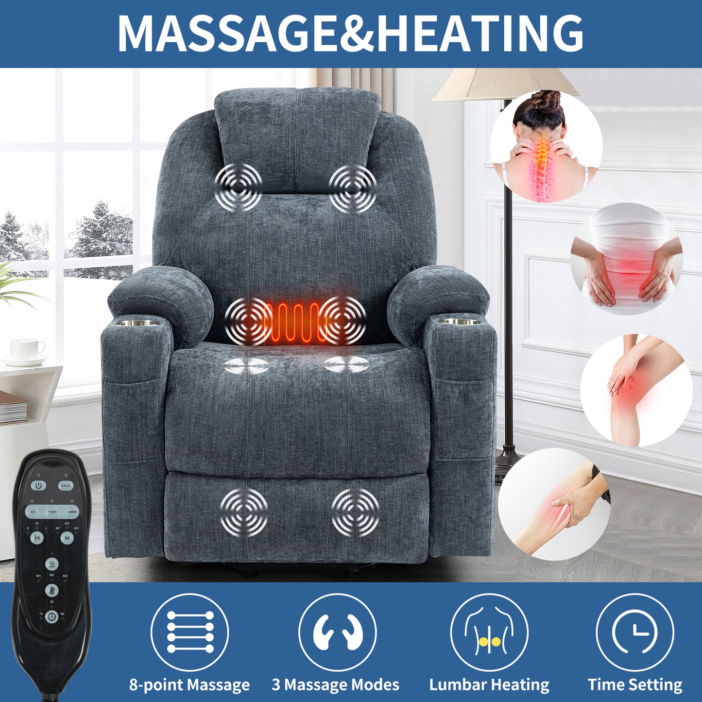Okin motor Up to 350 LBS Chenille Power Lift Recliner Chair Blue