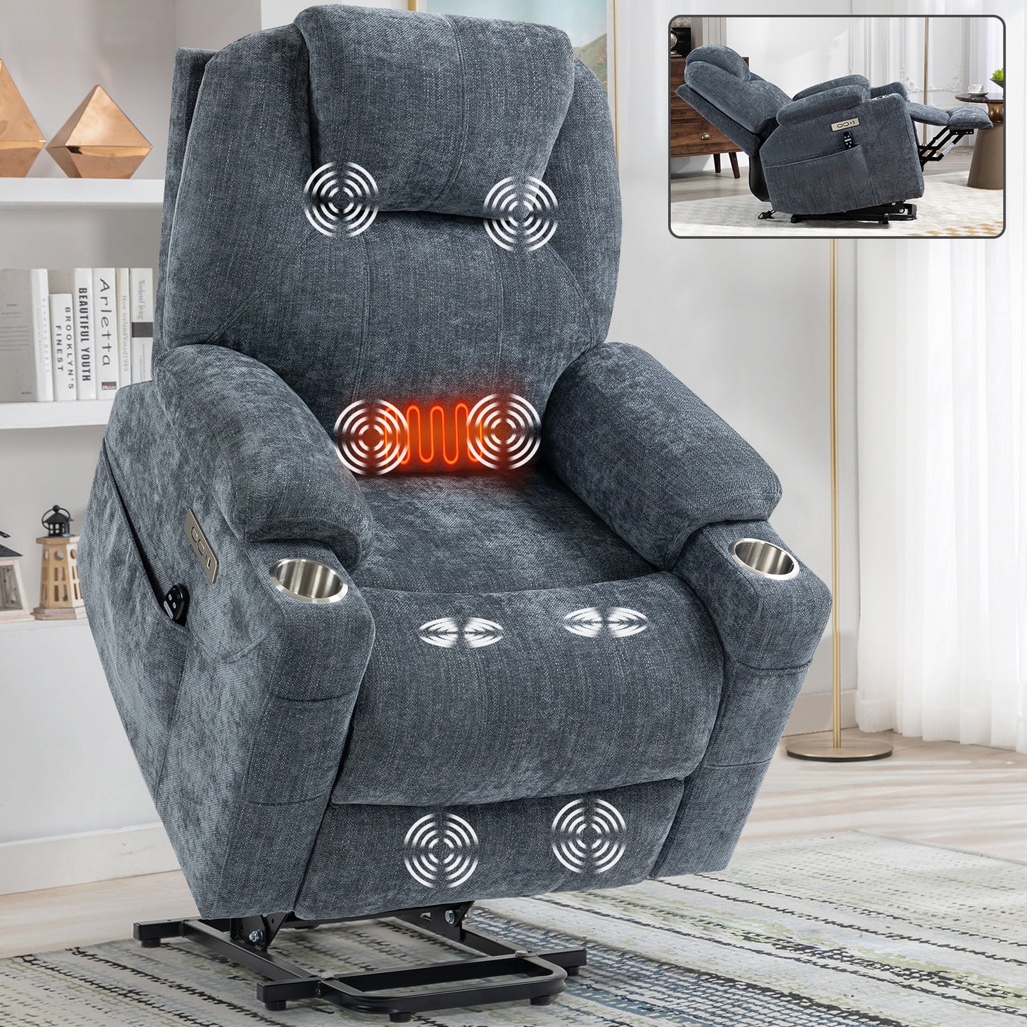 Okin motor Up to 350 LBS Chenille Power Lift Recliner Chair Blue