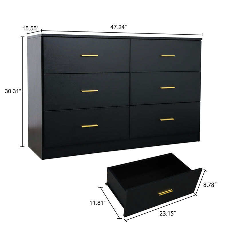 Modern Black 6-Drawer Dresser for Bedroom - Ample Storage Wide Chest of Drawers Sturdy & Safe