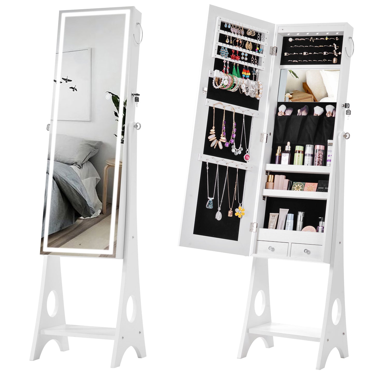 Fashion Simple Jewelry Storage Mirror Cabinet With LED Lights For Living Room Or Bedroom
