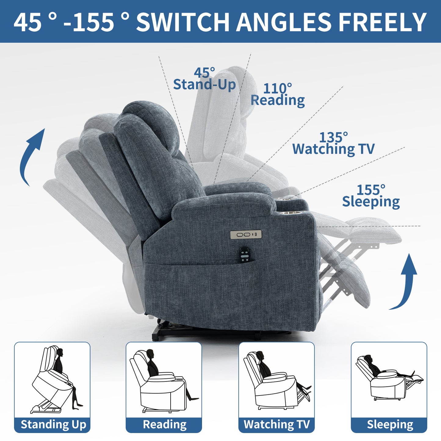 Okin motor Up to 350 LBS Chenille Power Lift Recliner Chair Blue