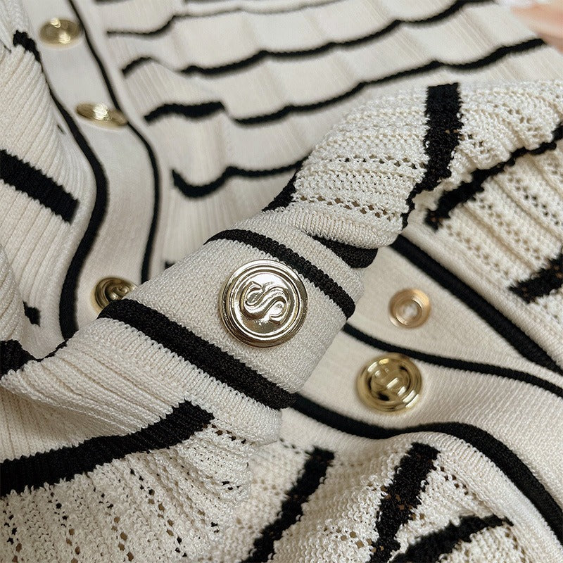 Early Spring New French Small Fragrance Stripe Contrast V-neck Ruffle Edge Slim Fit Knitted Long Dress
