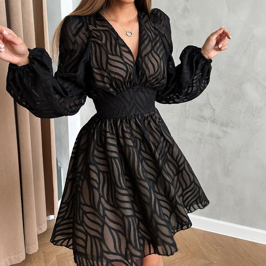 White hollowed out jacquard lantern sleeve dress for women with waistband A-line skirt short style
