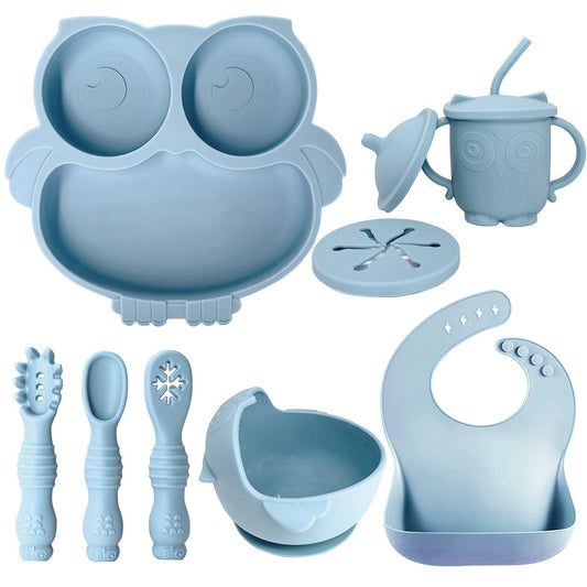 Silicone baby and toddler tableware, divided and anti drop suction cup type supplementary food bowl, spoon fork, two color owl children's dining plate set