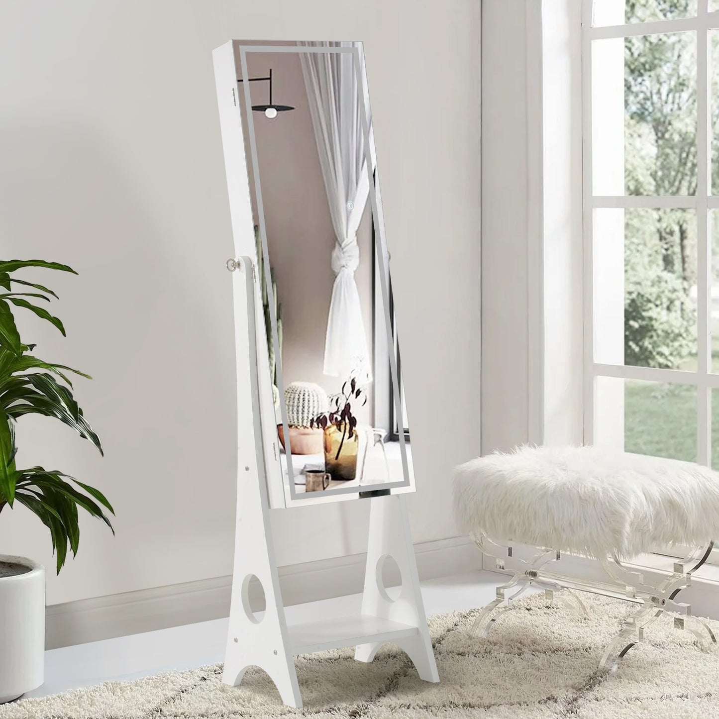 Fashion Simple Jewelry Storage Mirror Cabinet With LED Lights For Living Room Or Bedroom