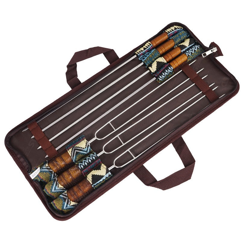 Korean Outdoor BBQ Barbecue Needle Barbecue Fork Barbecue Stick Portable Stainless Steel U-shaped Wood Handle Picnic 7-piece Set