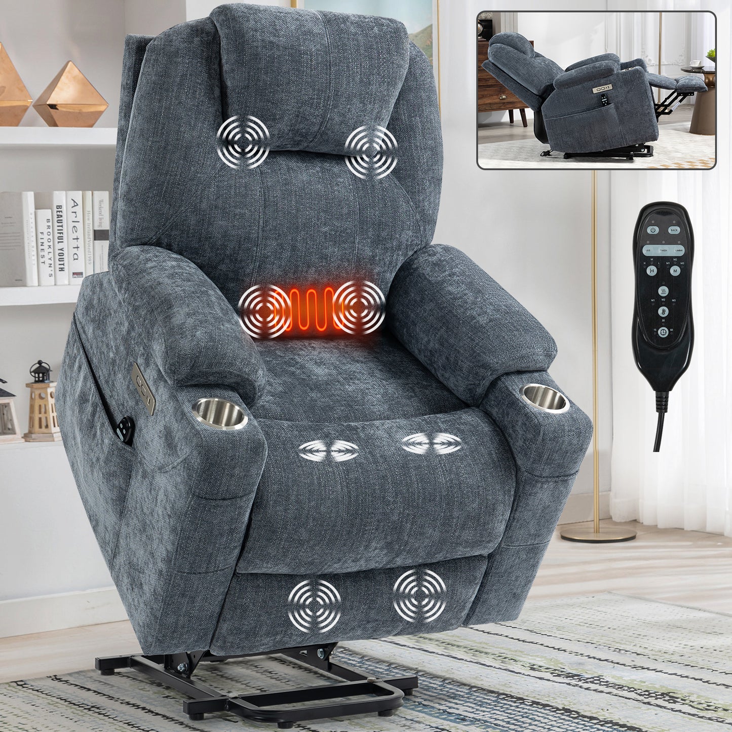 Okin motor Up to 350 LBS Chenille Power Lift Recliner Chair Blue