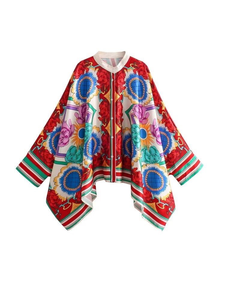 Winter New Women's Fashion European and American Style Loose Positioning Printed Bat Shirt Casual Long