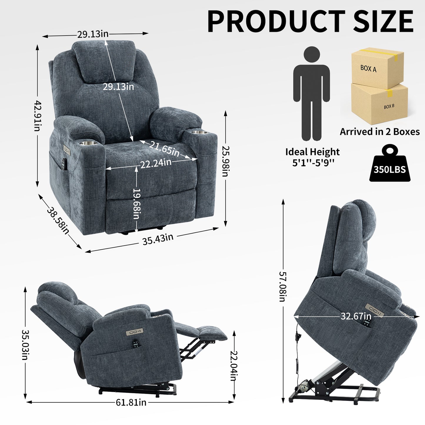 Okin motor Up to 350 LBS Chenille Power Lift Recliner Chair Blue