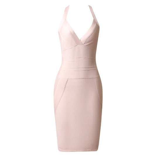 European and American Bandage Skirt Elastic Sexy Open Back Hanging Neck Dress Solid Color Elegant Celebrity Party Network Red Ti