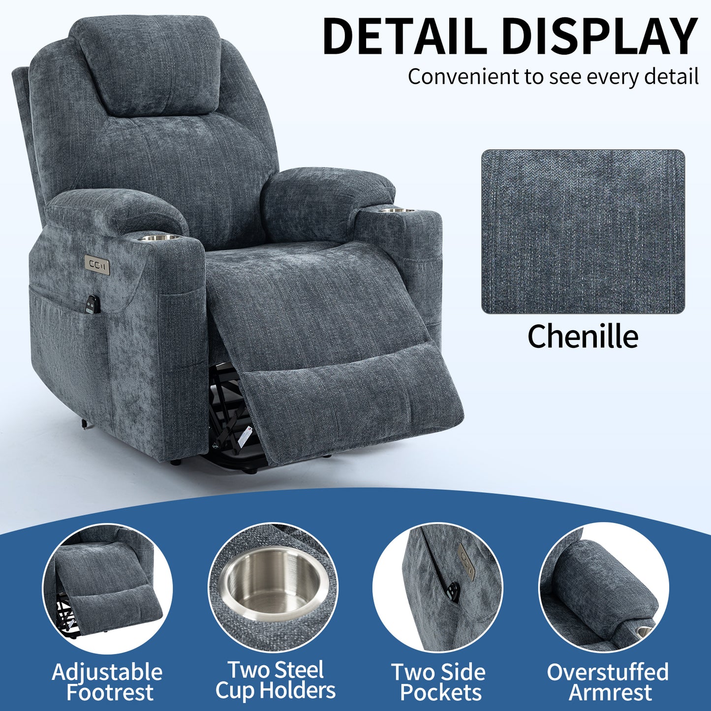 Okin motor Up to 350 LBS Chenille Power Lift Recliner Chair Blue