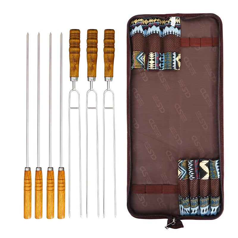 Korean Outdoor BBQ Barbecue Needle Barbecue Fork Barbecue Stick Portable Stainless Steel U-shaped Wood Handle Picnic 7-piece Set