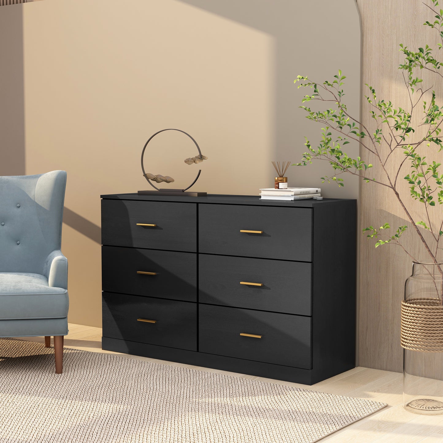 Modern Black 6-Drawer Dresser for Bedroom - Ample Storage Wide Chest of Drawers Sturdy & Safe