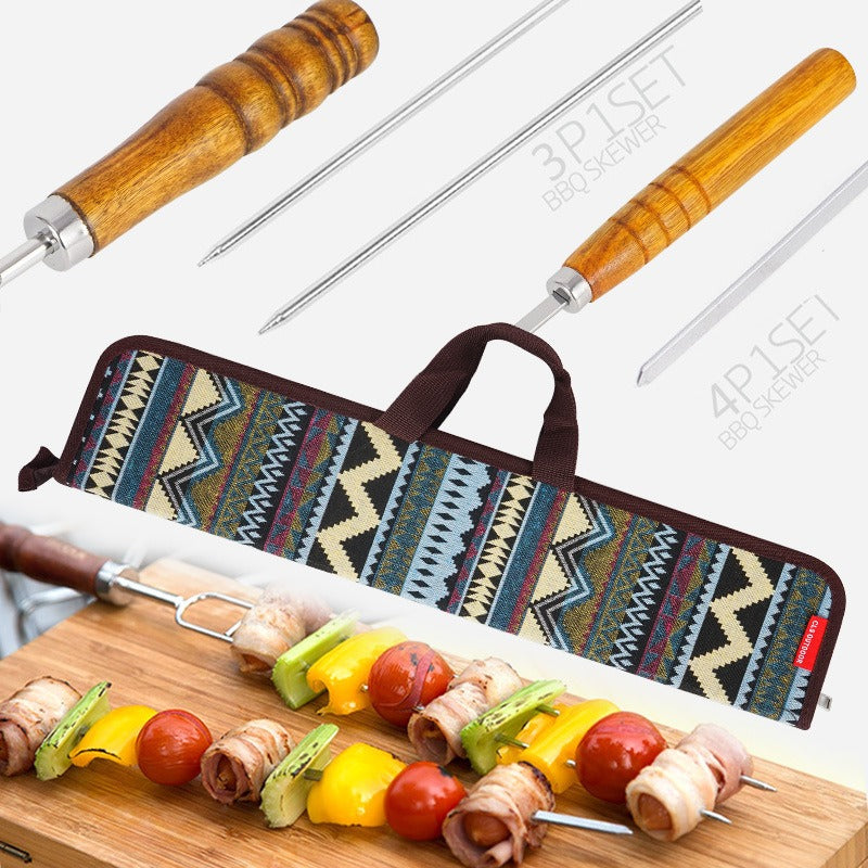 Korean Outdoor BBQ Barbecue Needle Barbecue Fork Barbecue Stick Portable Stainless Steel U-shaped Wood Handle Picnic 7-piece Set