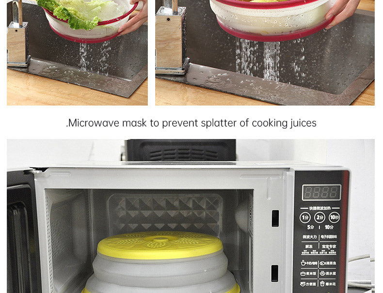 Collapsible Microwave Cover Lid Folding Plate Cover Colander Strainer Fruit Vegetables Washing Basket Plate Lid Kitchen Tools