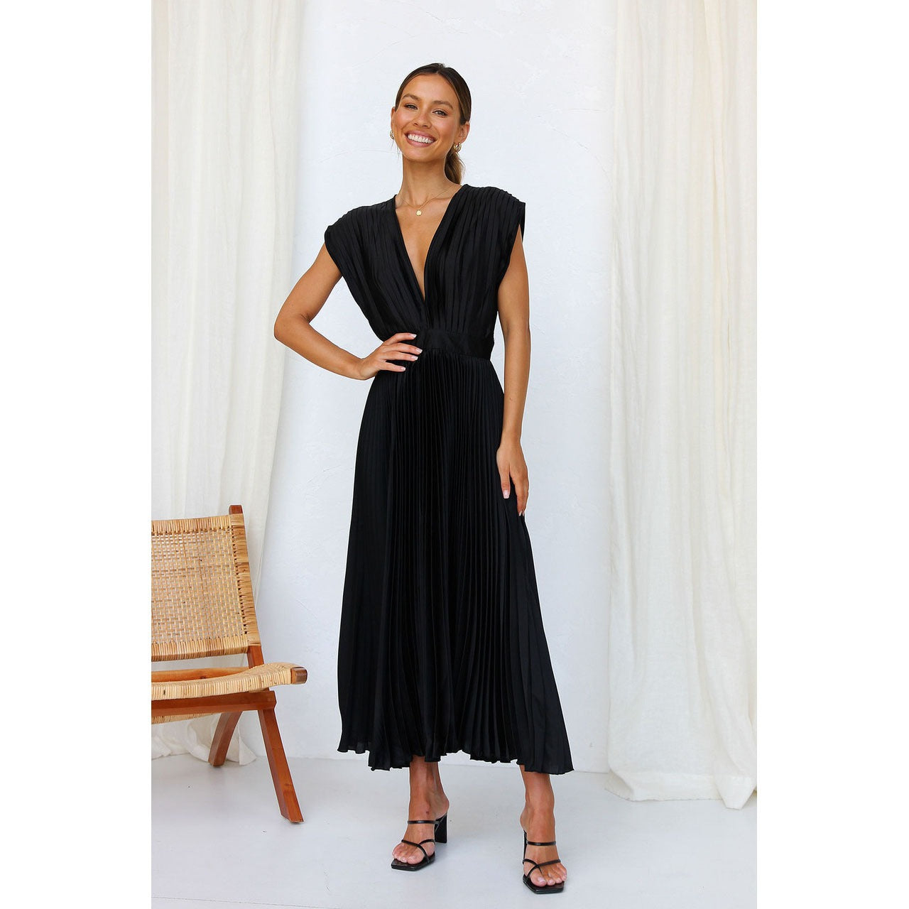 Spring/Summer New Sexy Pleated Dress INS Casual Loose Zipper Sleeveless Dress