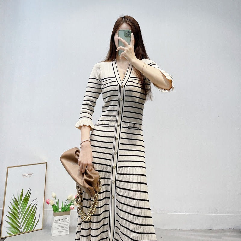 Early Spring New French Small Fragrance Stripe Contrast V-neck Ruffle Edge Slim Fit Knitted Long Dress