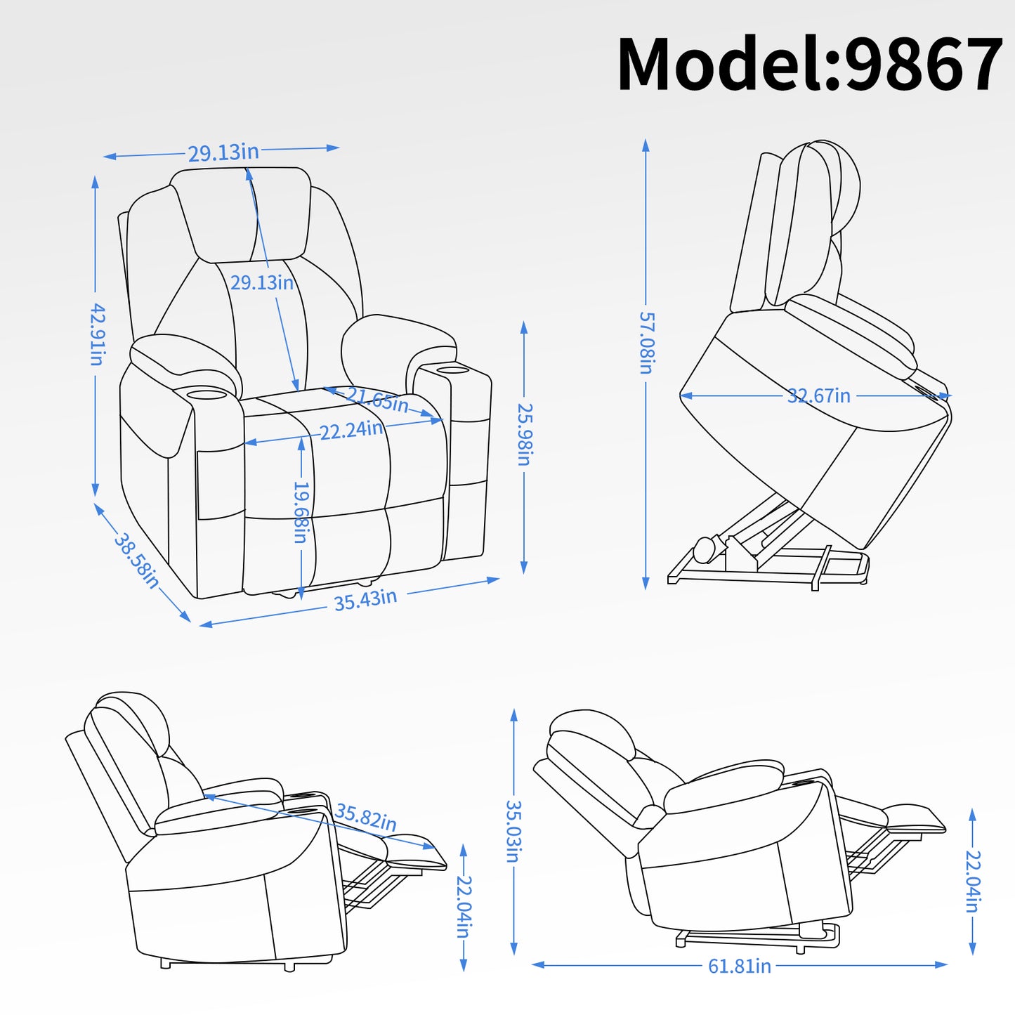 Okin motor Up to 350 LBS Chenille Power Lift Recliner Chair Blue